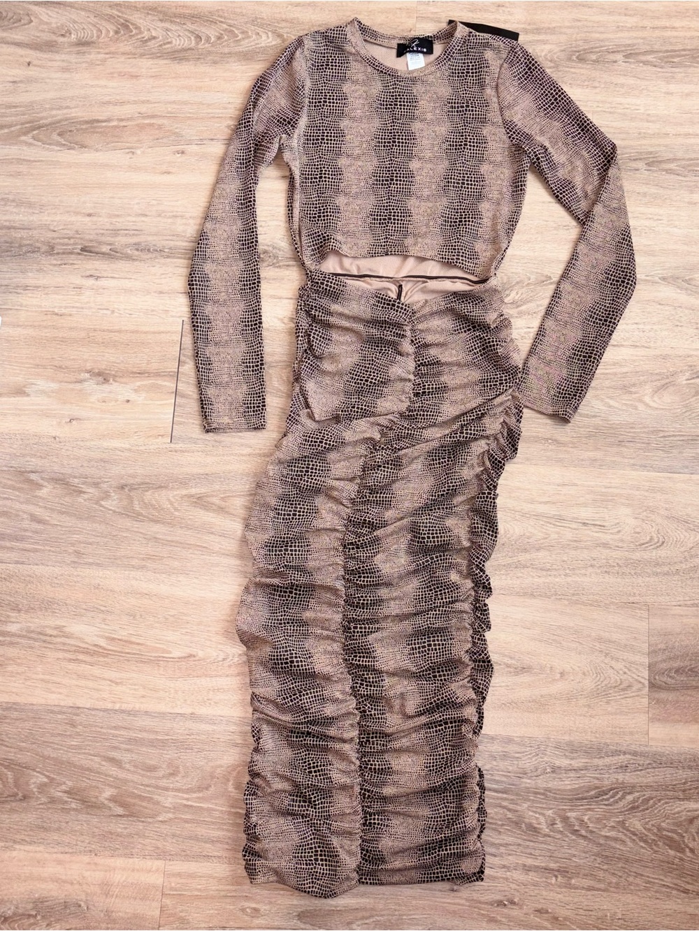 Snake-Print Ruched Mesh Maxi Dress with Cutout. Size Large